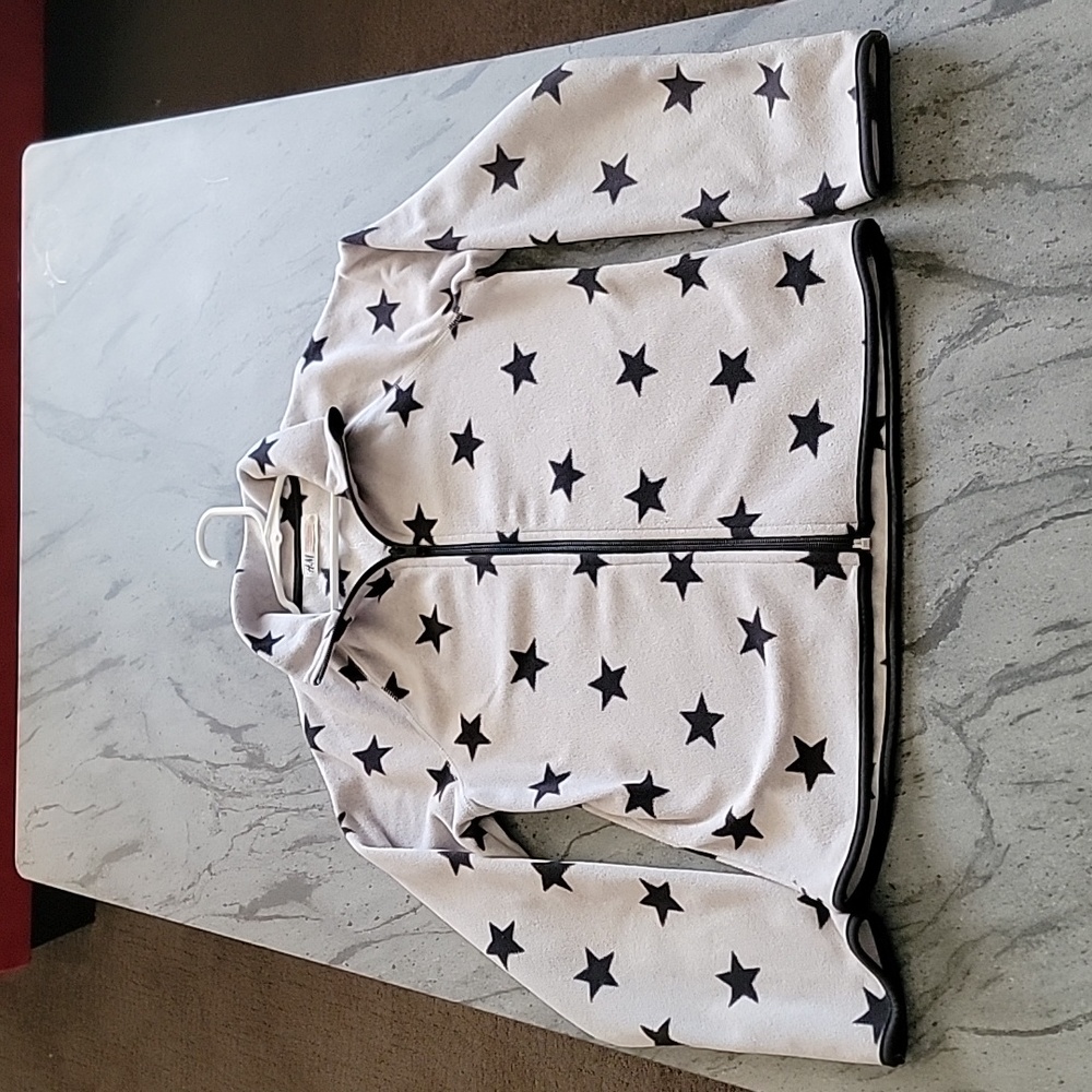 H&M Girl's Patterned Fleece Jacket light gray with navy blue stars size 10-12Y - Picture 1 of 9
